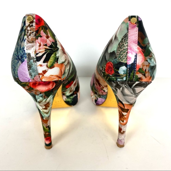 Ted Baker Svanad Green Satin Floral Leather Peep Toe Platform High Heel Pumps - Picture 3 of 7